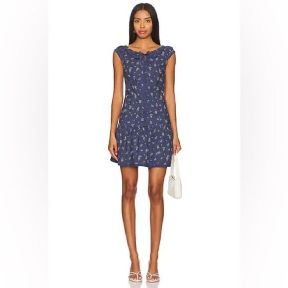 NWOT Free People Beasley Floral Drop Waist Babydoll Mini Dress Navy Combo Sz XL - Picture 6 of 15